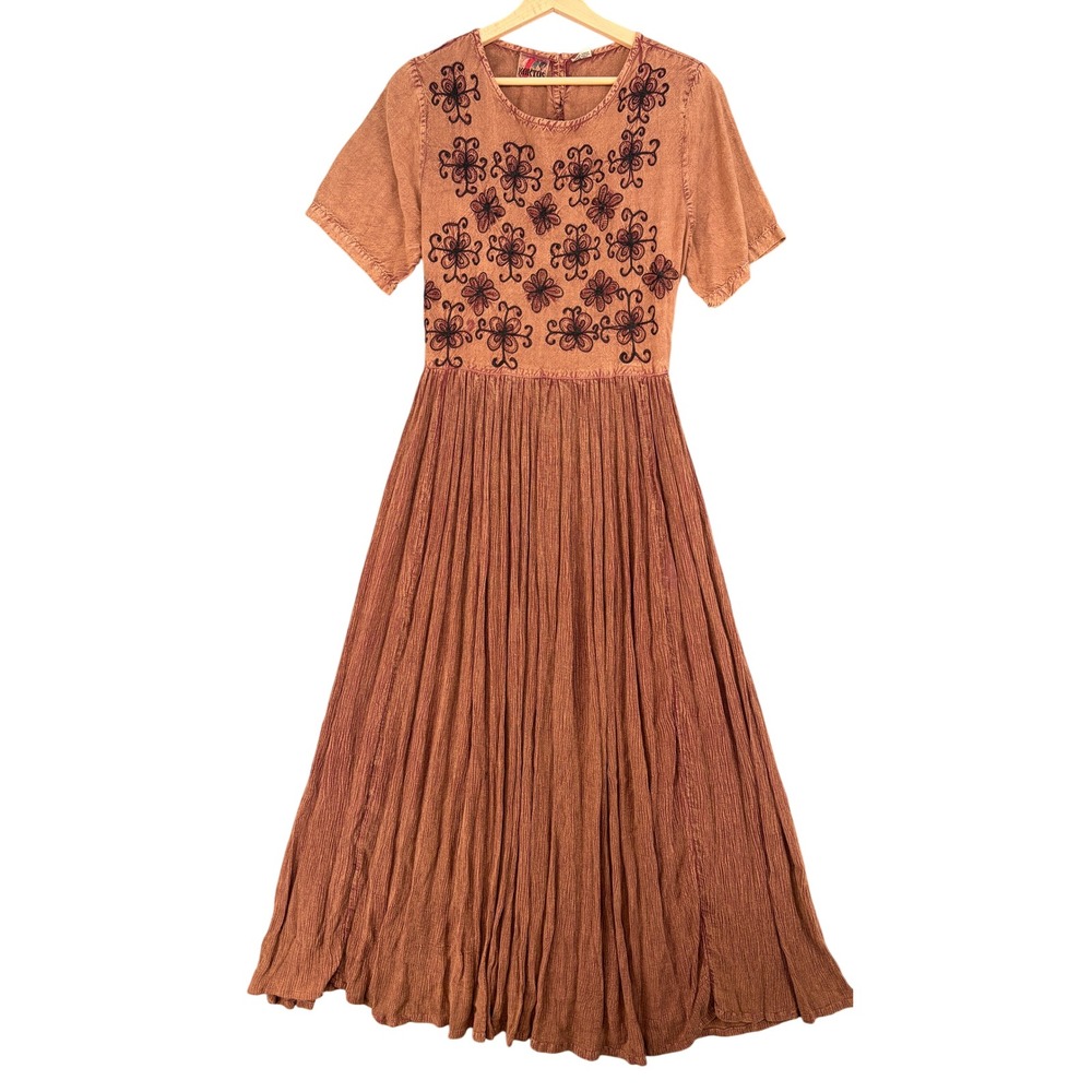 Kaktus Vtg Boho Embroidered Maxi Dress M Brown Rayon Ren Faire Folk Crinkle Fall
